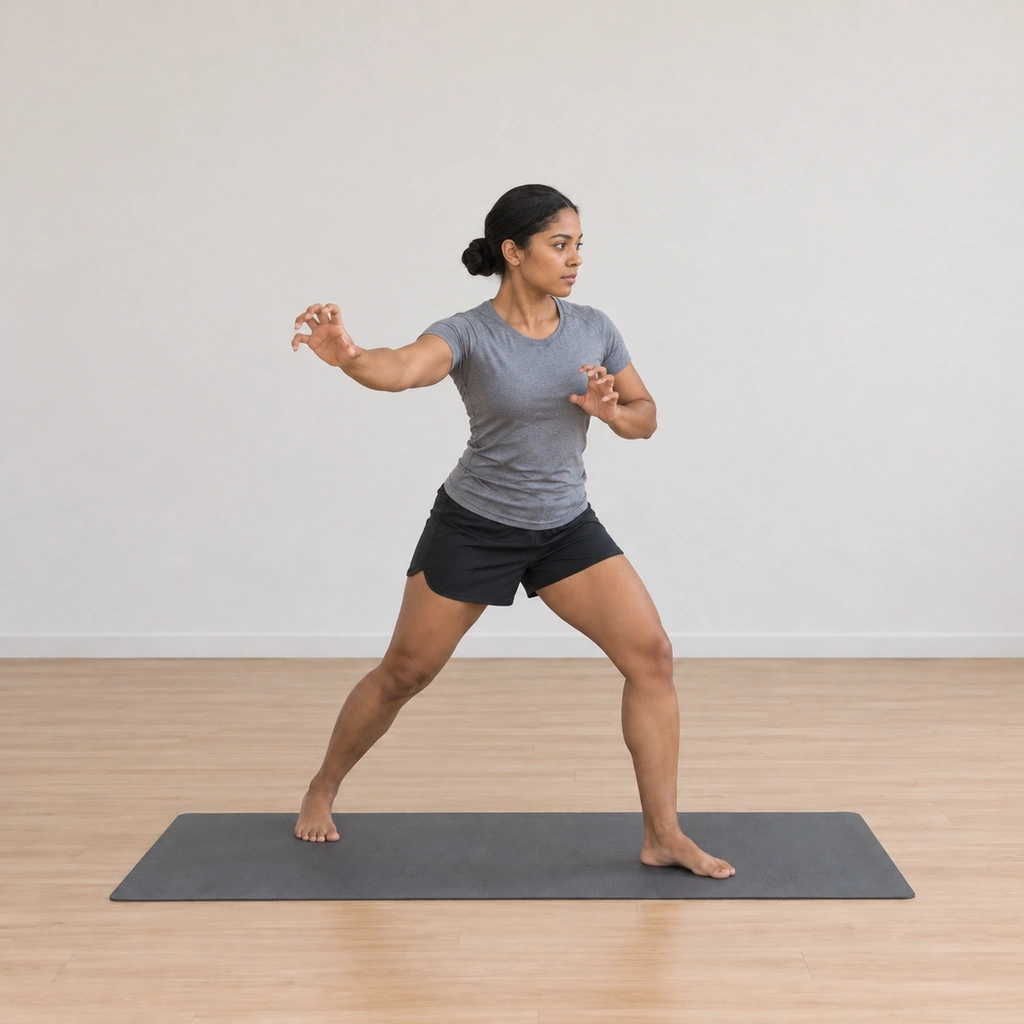 She turns her body into the drive, the hips rotating, the claw arm beginning to carry forward on the turn.