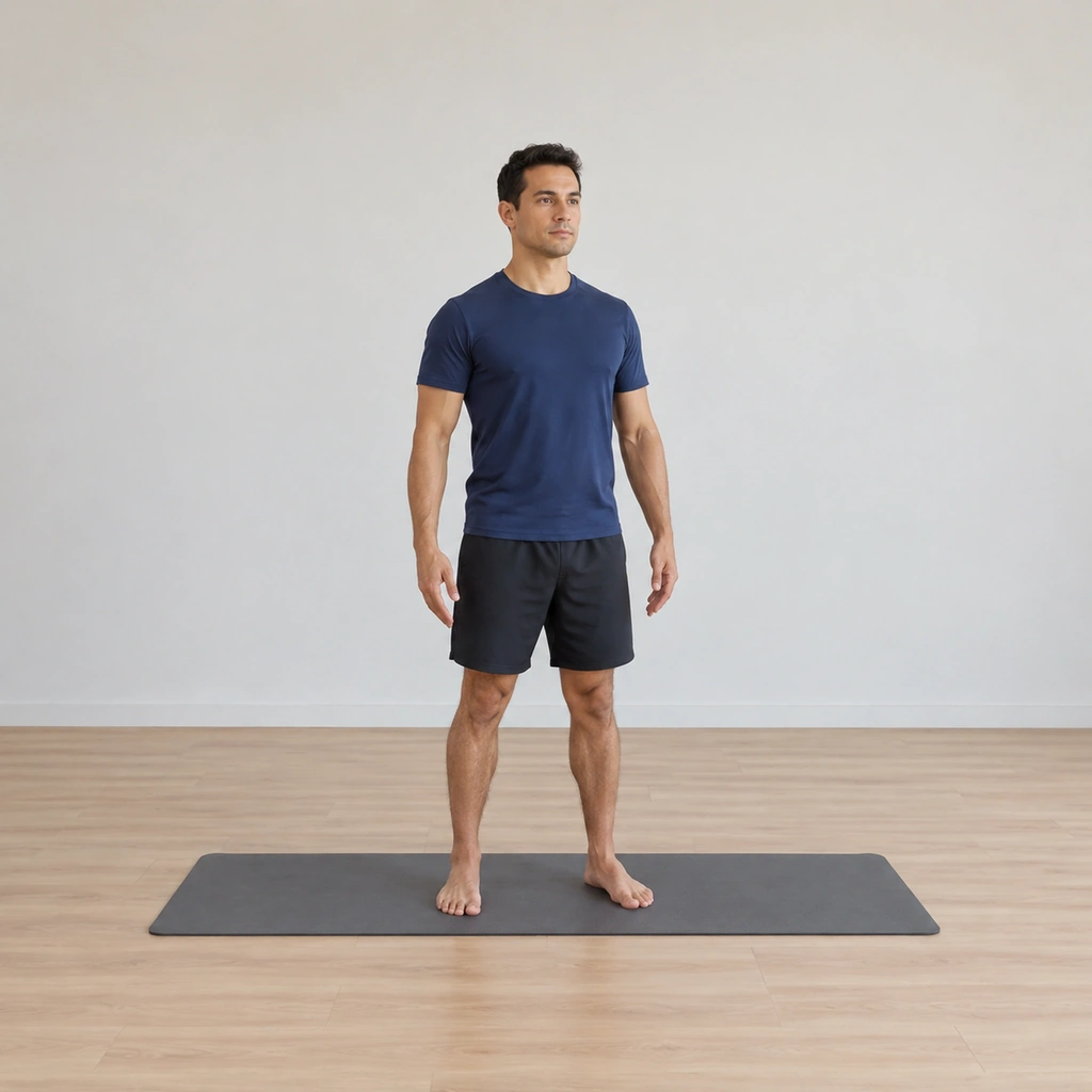 He stands on the mat in the settled stance, the arms hanging low, the body centred, ready to reach.
