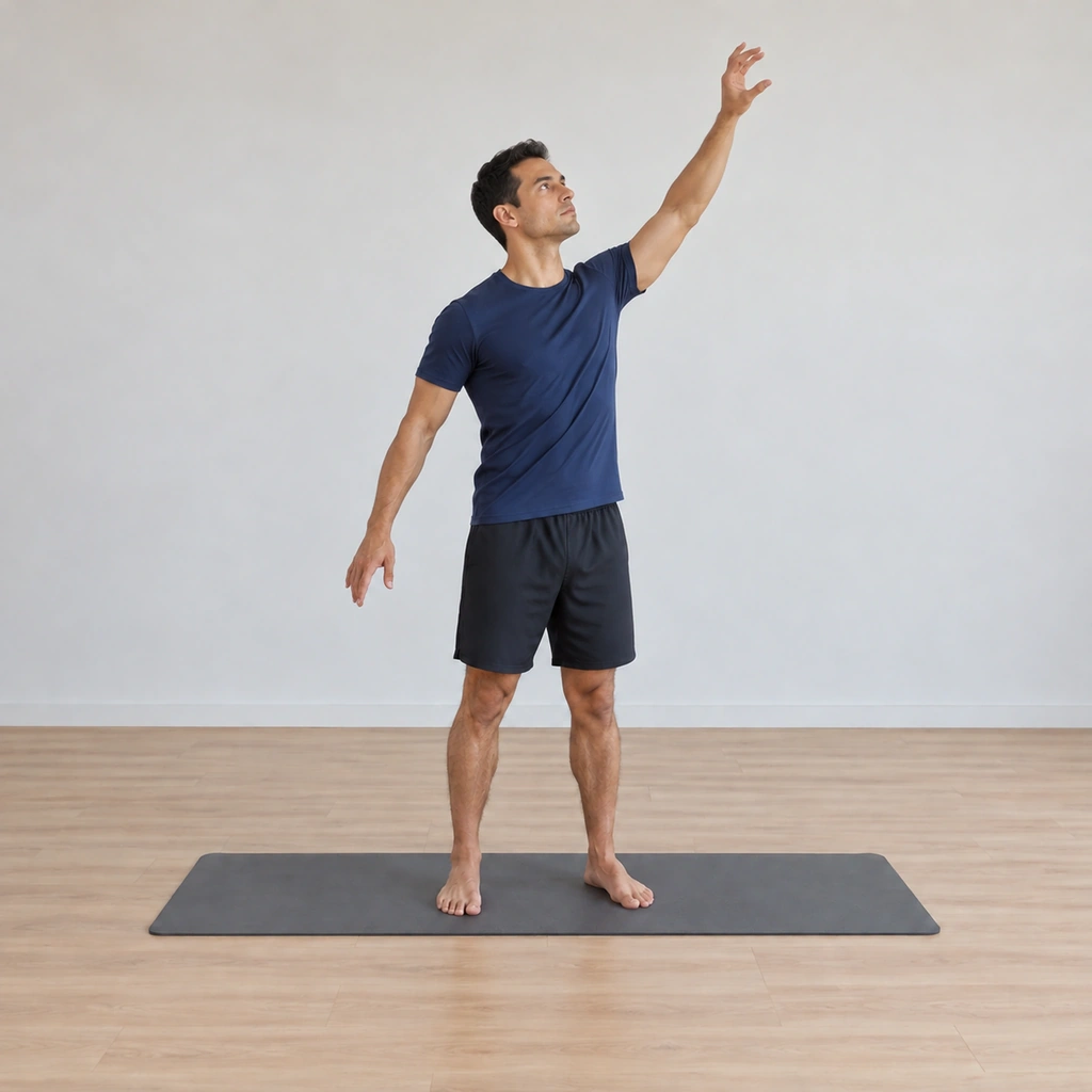He reaches one arm up high as if picking a star, the hand extending toward the sky, while the other arm lowers toward the hip.