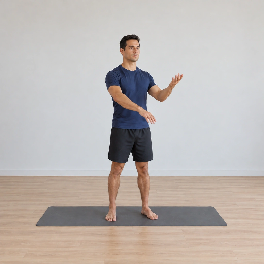 He exchanges the arms smoothly, the reaching arm lowering as the other rises to take its place, the hands passing through the middle.