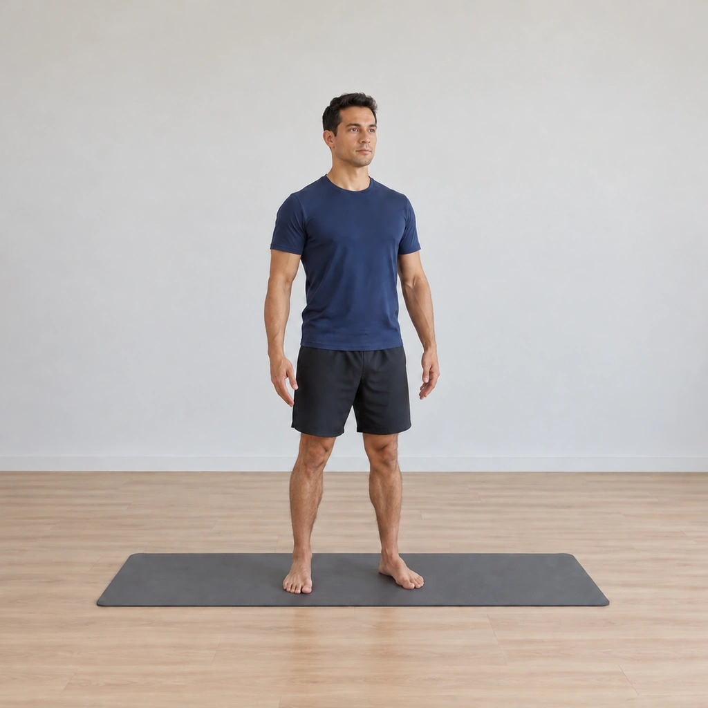 He settles the arms back to the low stance, the body returning to centre, the shoulders easing.