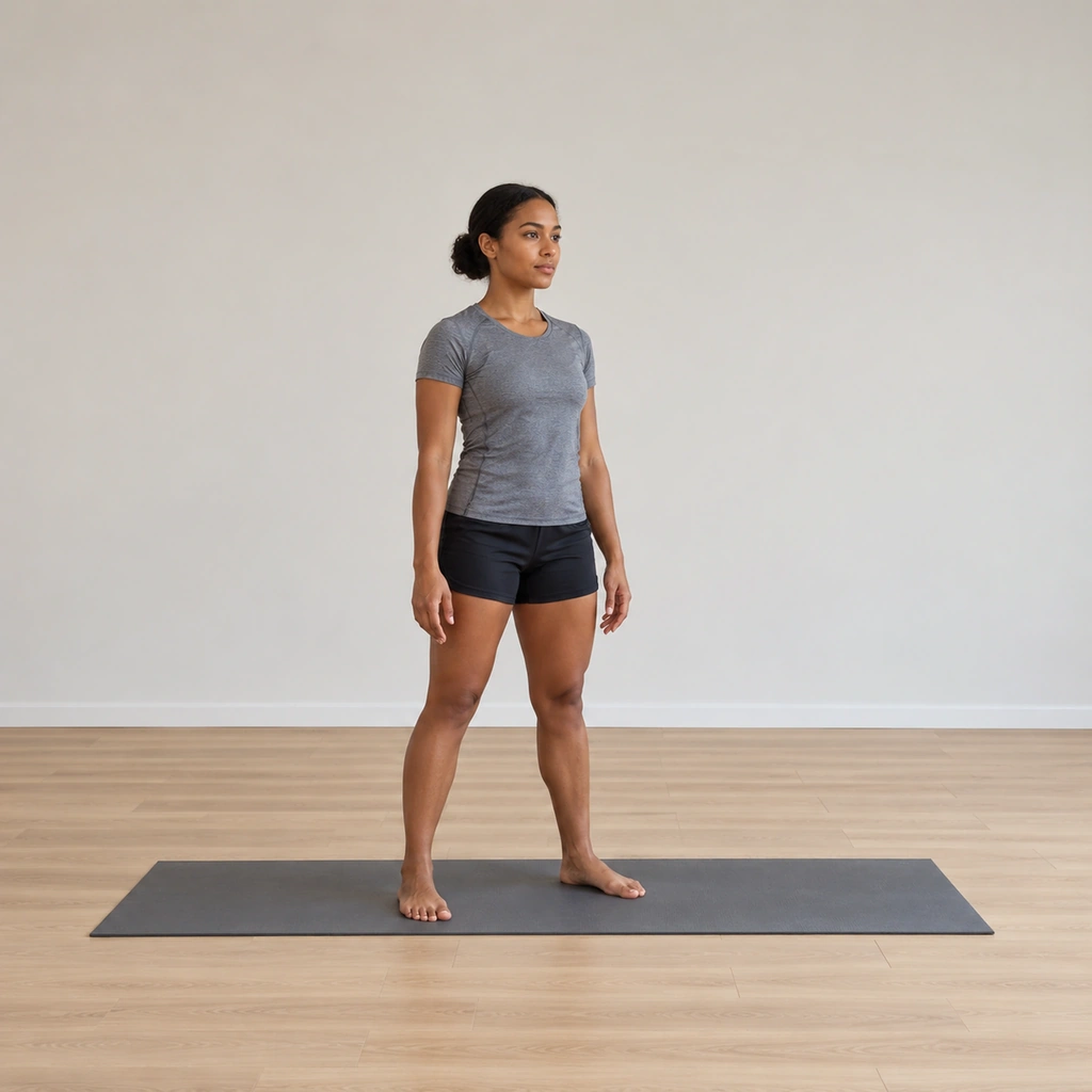 She stands on the mat in the settled stance, the arms hanging low, the body centred, ready to reach.