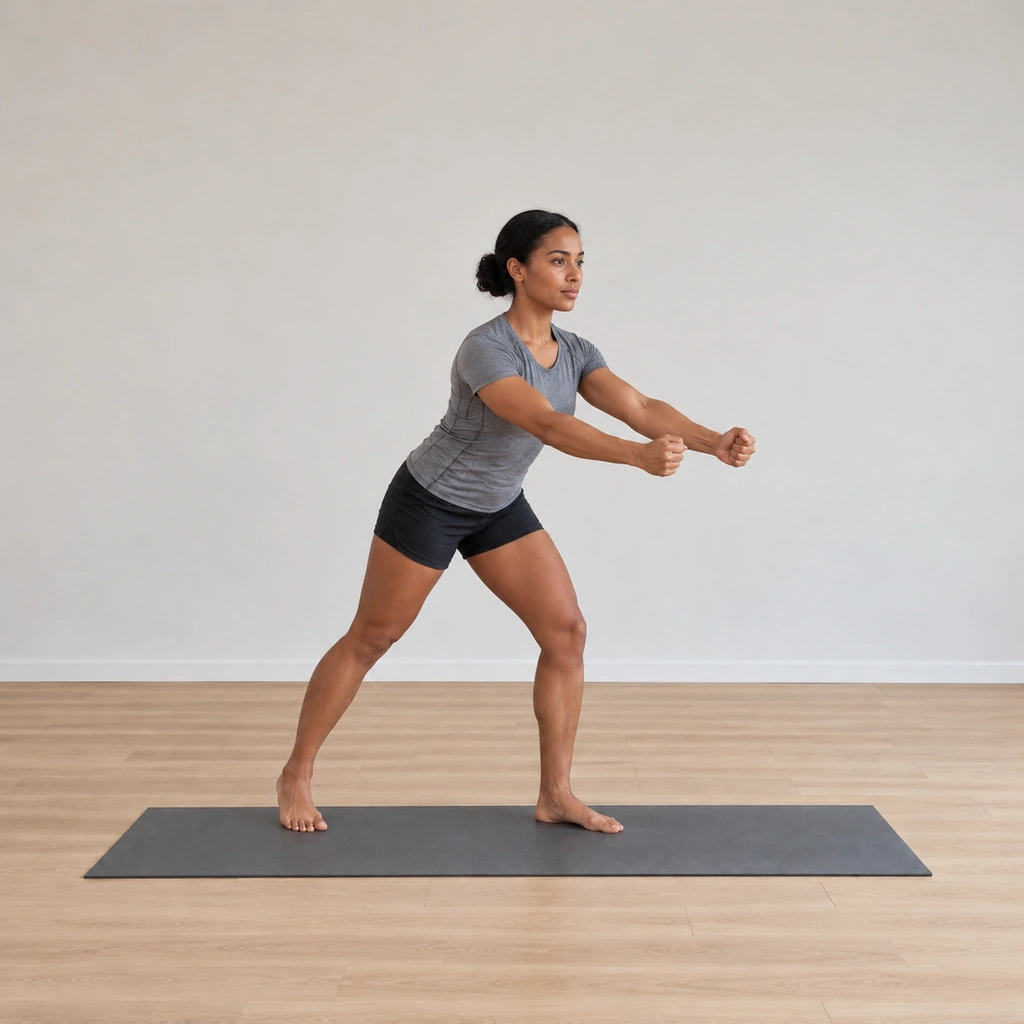 She leans her body into the pull, the weight shifting forward, the arms still extended on the resisted drag.