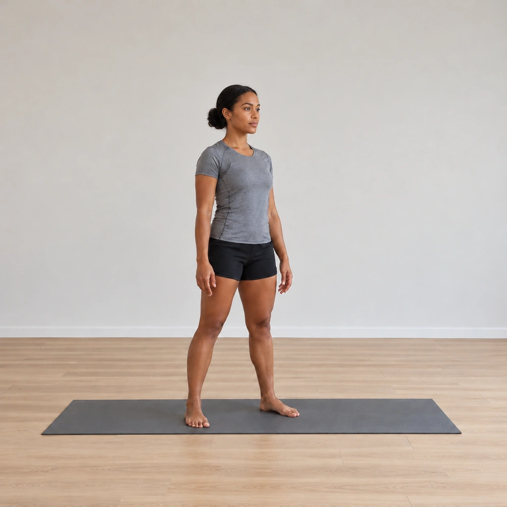 She releases the arms back to the settled stance, the body straightening, the hands easing open.