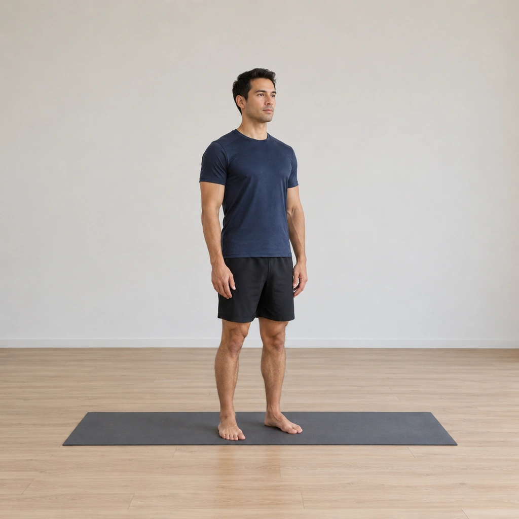 He stands on the mat in the settled stance, the feet under the hips, the knees soft, ready to sink.