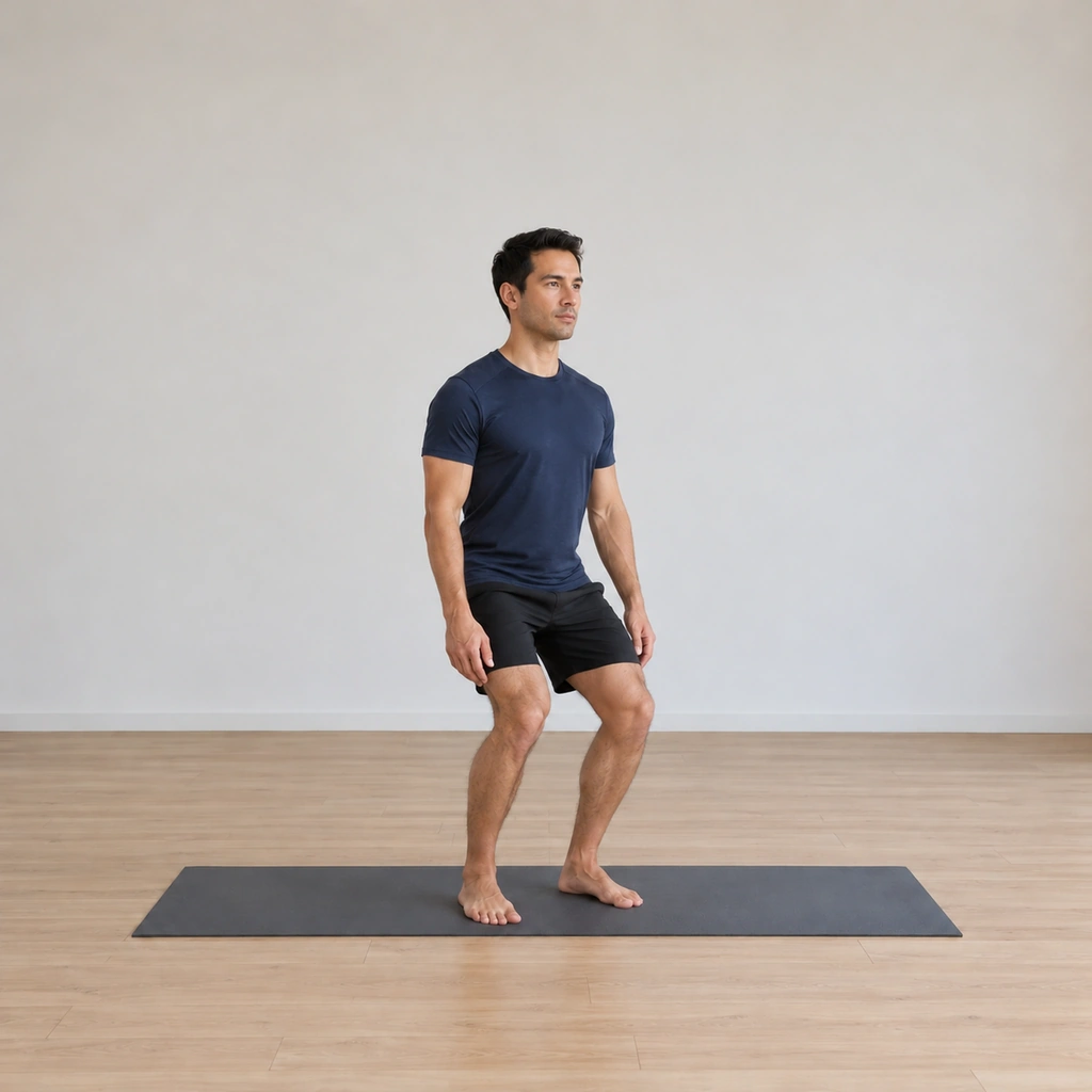 He sinks into the first sit, the knees bending to a shallow depth, the hips lowering a short way, the torso upright.