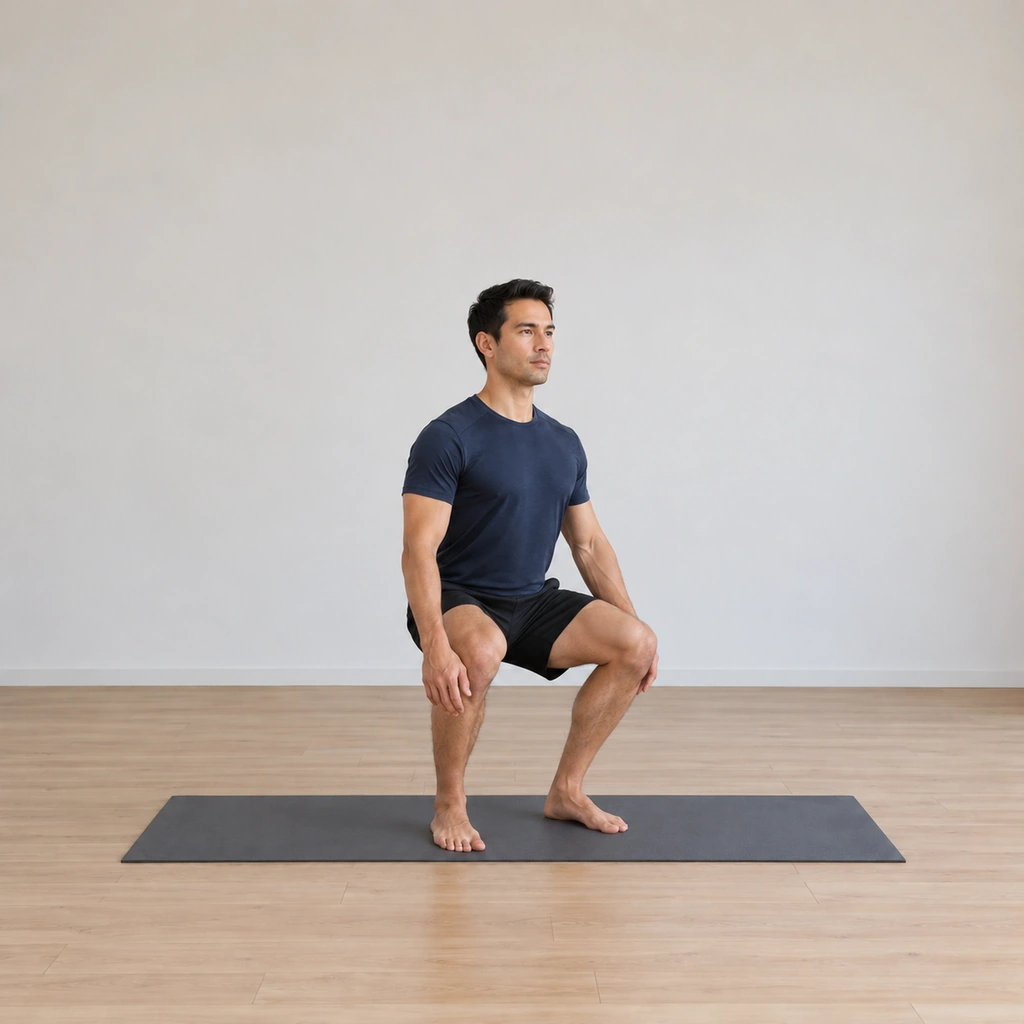 He sinks into the second sit, the knees bending deeper, the hips lowering further, the torso still upright.
