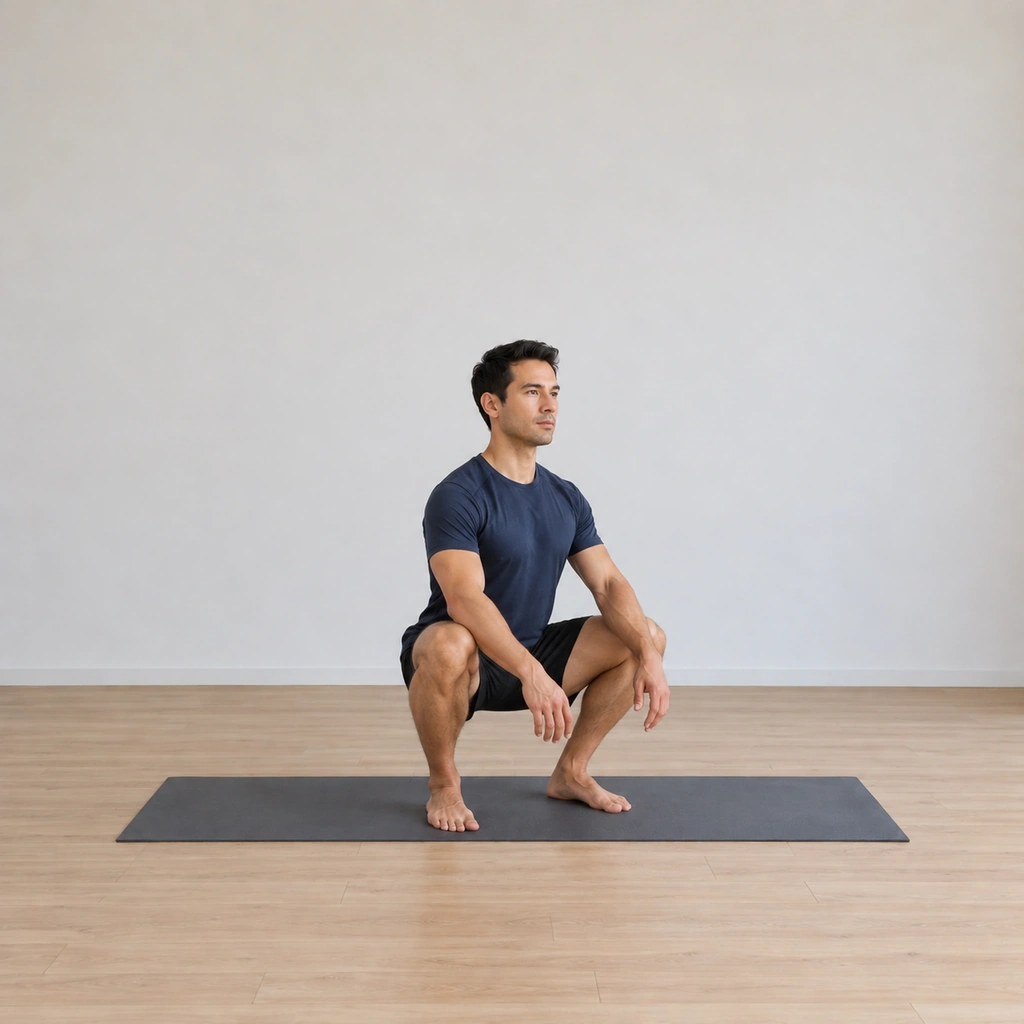 He sinks into the third lowest sit, the knees at their deepest, then rises smoothly back toward the settled stance.