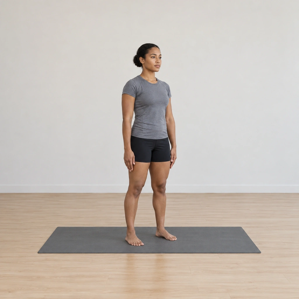 She stands tall on the mat, feet under her, arms resting at the sides.