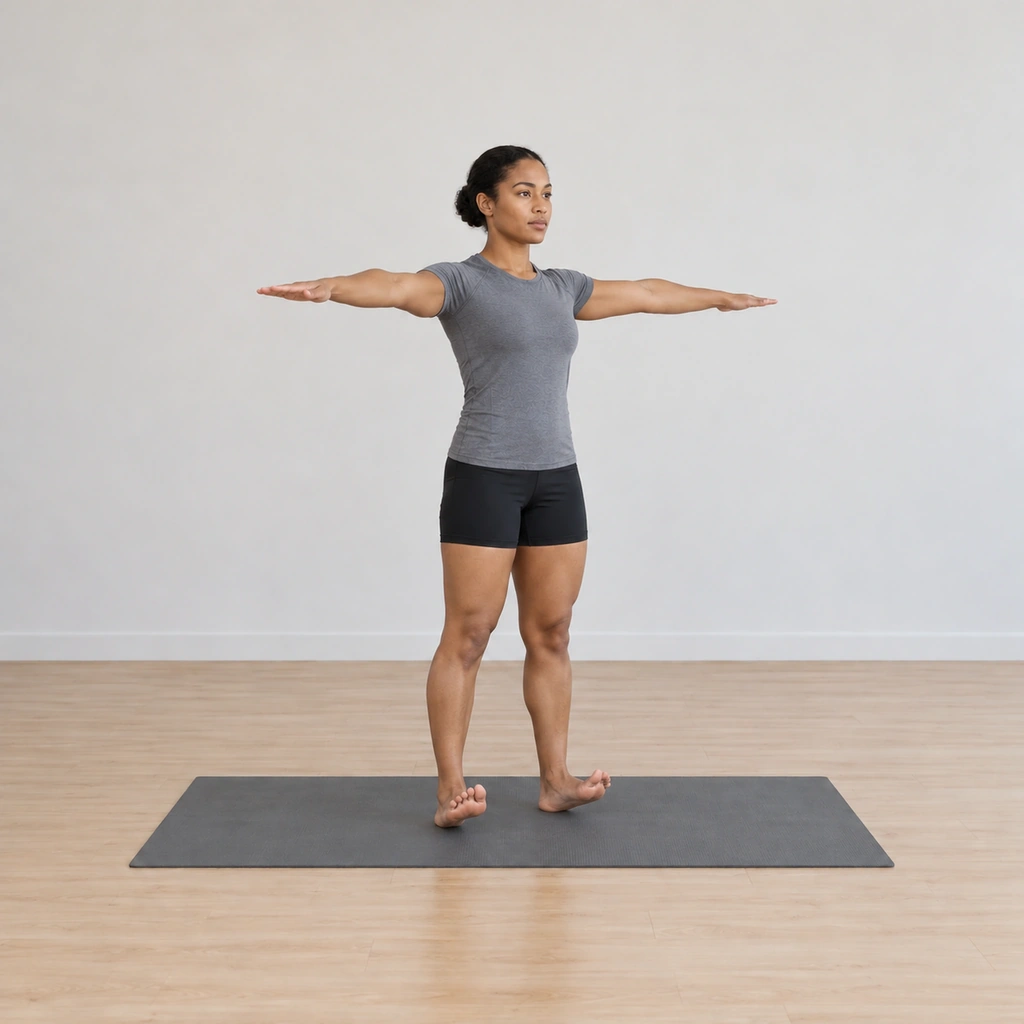 She is standing on her heels with the toes of both feet raised, both arms lifted forward and out to shoulder level with the palms facing down.