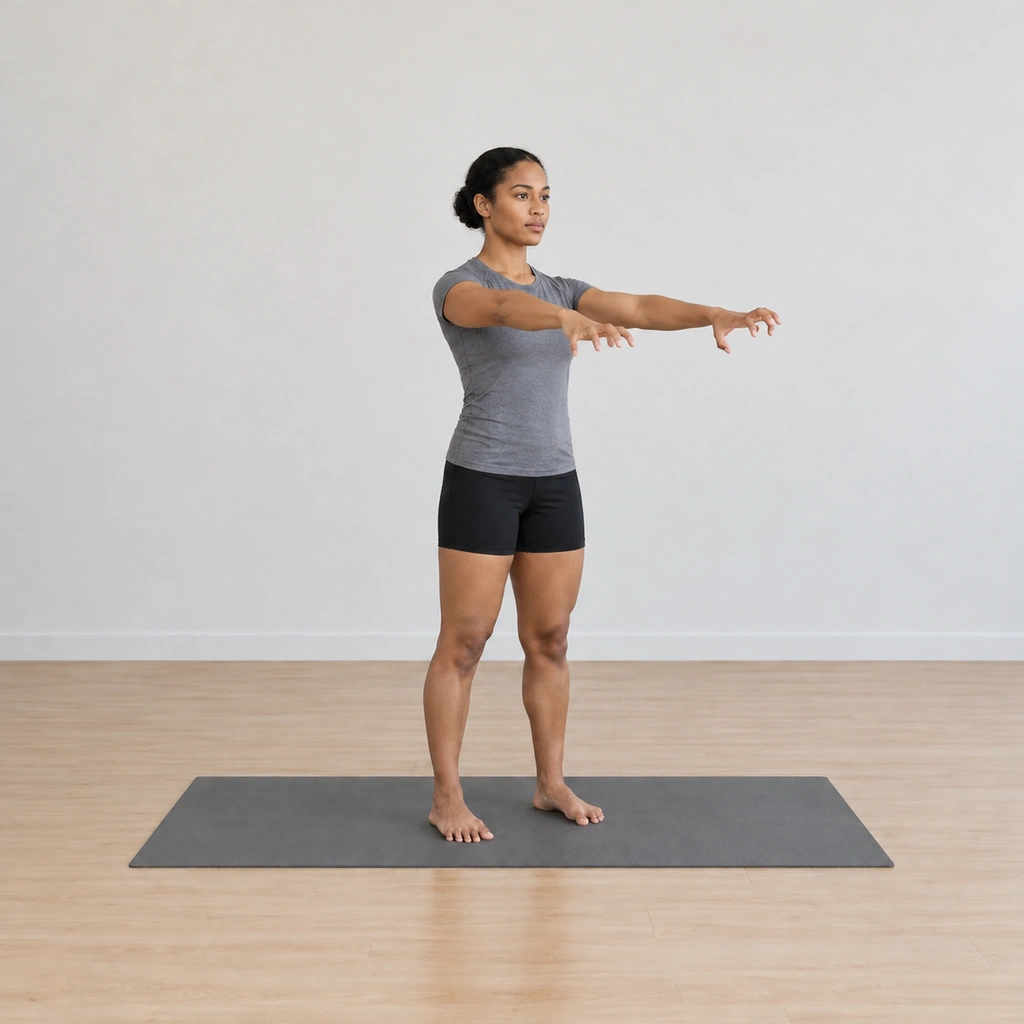 She is gripping her toes back down onto the mat, the arms still held at shoulder level palms-down, the body settled through the out-breath.