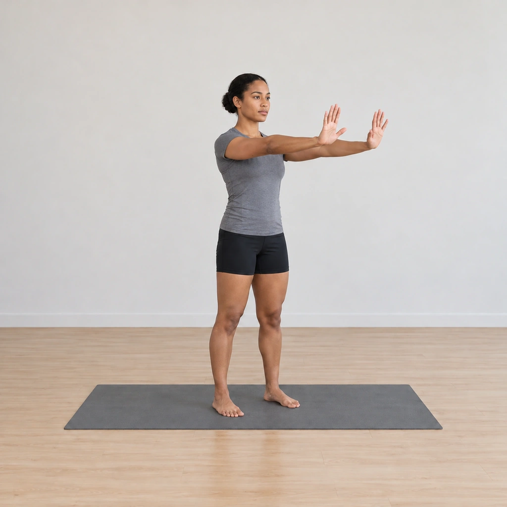 She is pressing both arms slowly forward from the shoulders, the palms turned forward, the arms pushing out with gradually increasing force.
