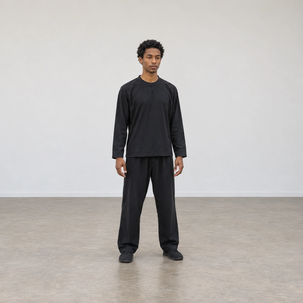 A man standing upright, feet shoulder-width and parallel, weight even, knees relaxed.