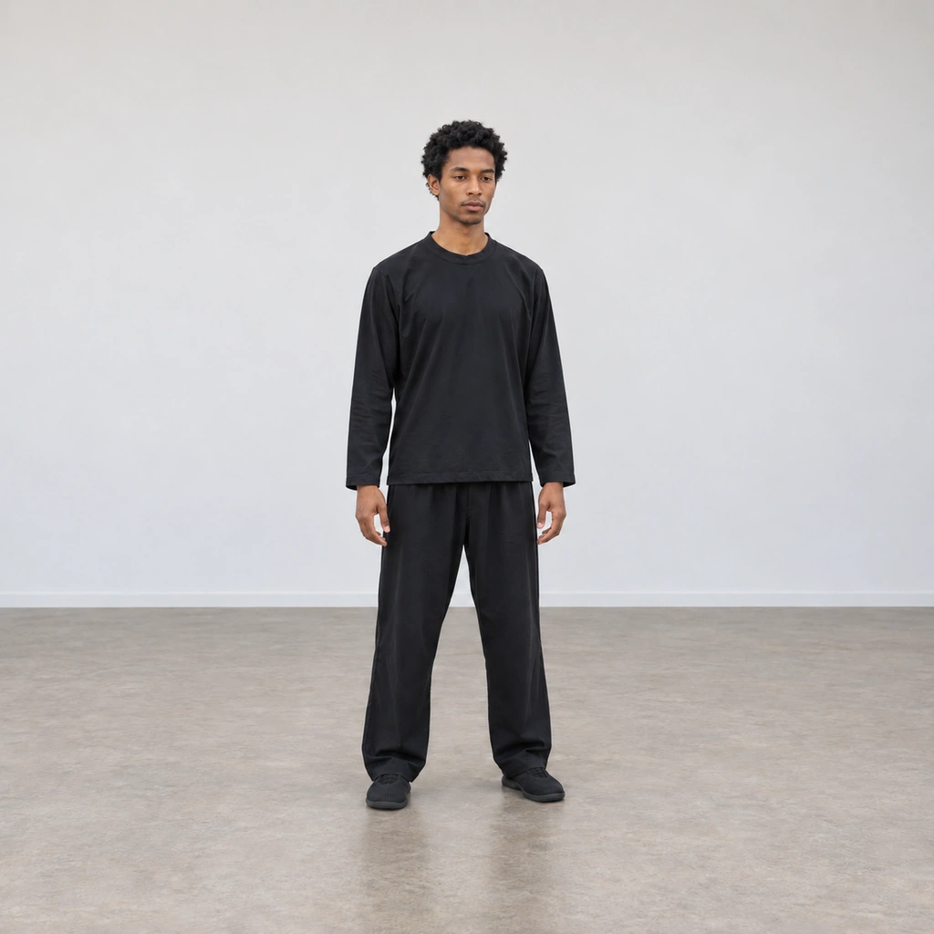 A man standing with his arms hanging loose by his sides, fingers gently curved, shoulders and neck relaxed.