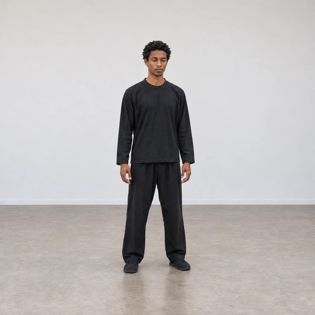 A man standing in the quiet held posture - suspended head, tucked tailbone, gaze forward and slightly down.