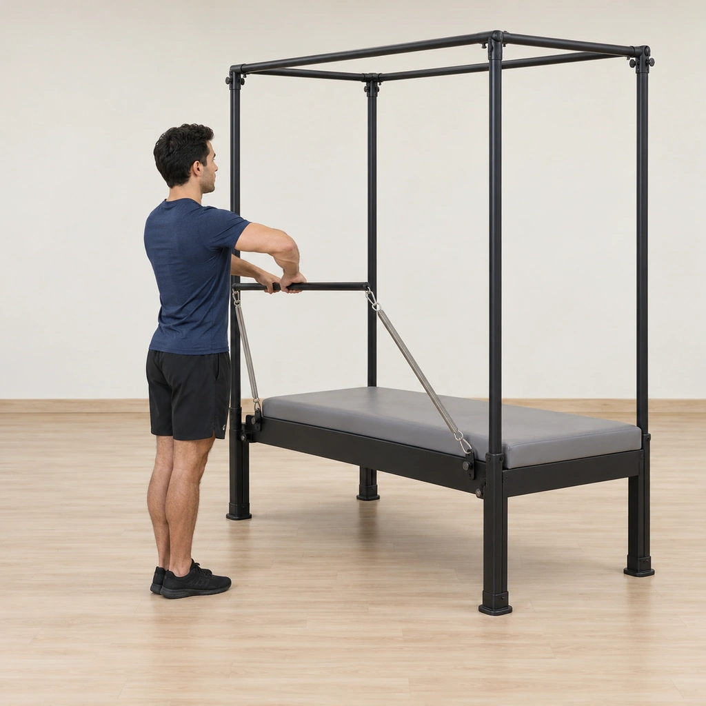 He stands on the floor facing the cadillac's uprights, the roll-back bar hooked low at the base, his hands holding the bar at its centre palms-down next to each other, elbows lifted.