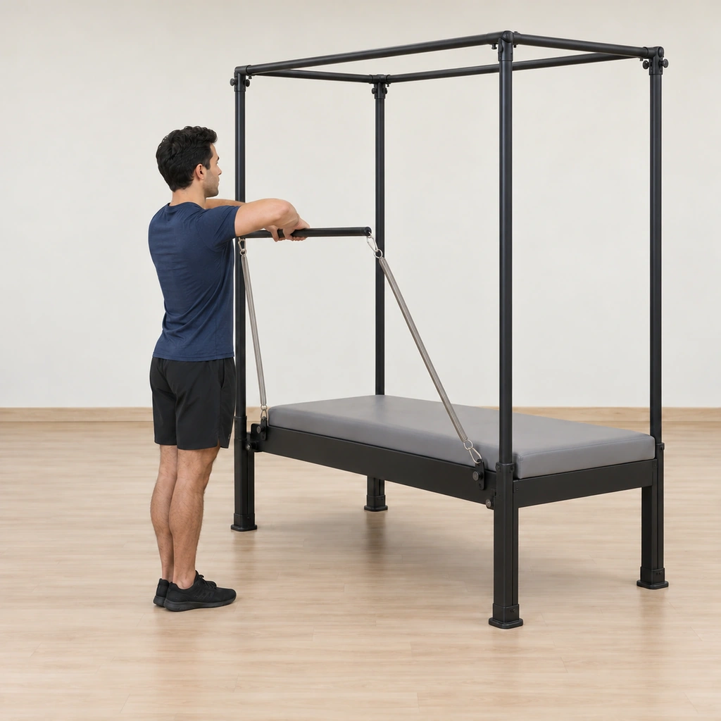 His bar pulls upward toward his chin as his elbows lift and his shoulders stay on his back, his torso tall and unchanged in height.