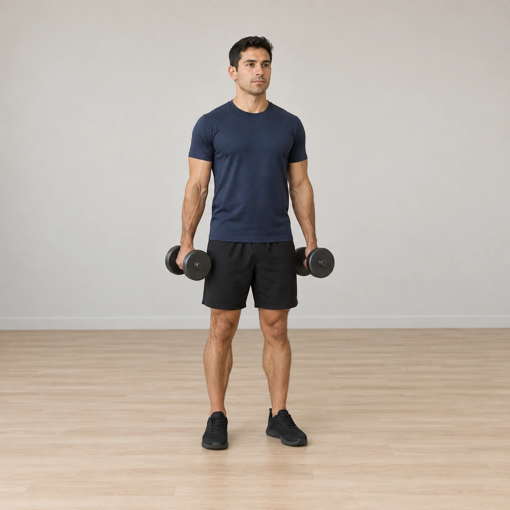 He stands tall: a dumbbell in each hand hanging at arm's length, palms facing his thighs in the neutral start, elbows tucked close to his sides.