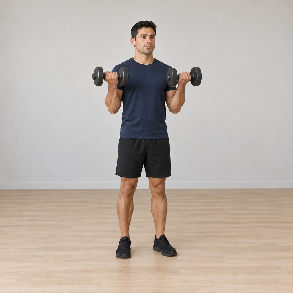 He is mid-curl: elbows flexing, the dumbbells rising toward his shoulders as his wrists rotate into a supinated palms-up grip, his upper arms still against his sides.
