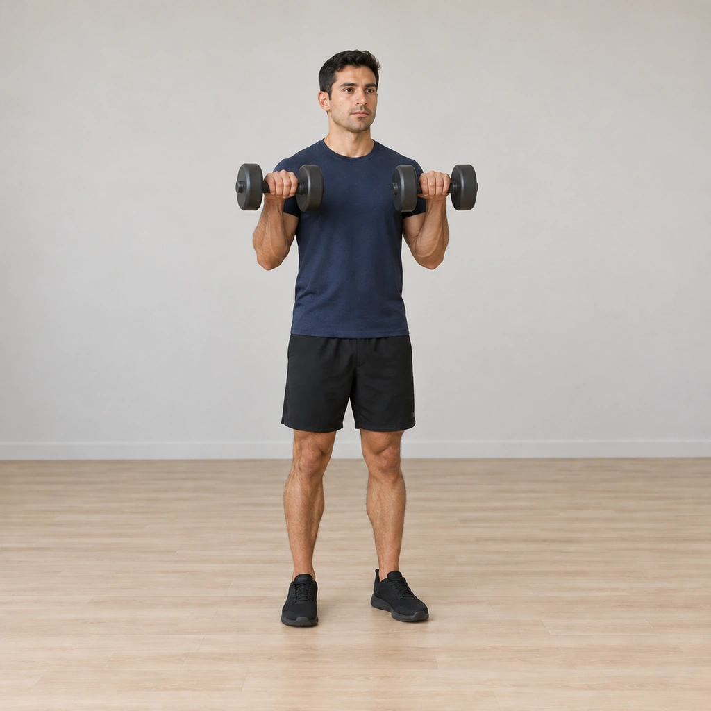 He holds the top: dumbbells at shoulder level with the biceps contracted, his wrists rotated to a pronated palms-down grip with the thumbs above the pinkies.