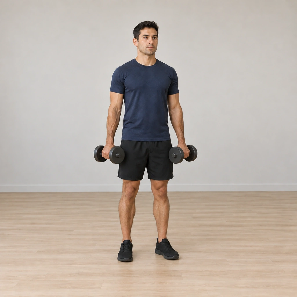 He lowers under control: elbows extending, the dumbbells descending slowly with the grip still pronated palms-down, his upper arms still at his sides.